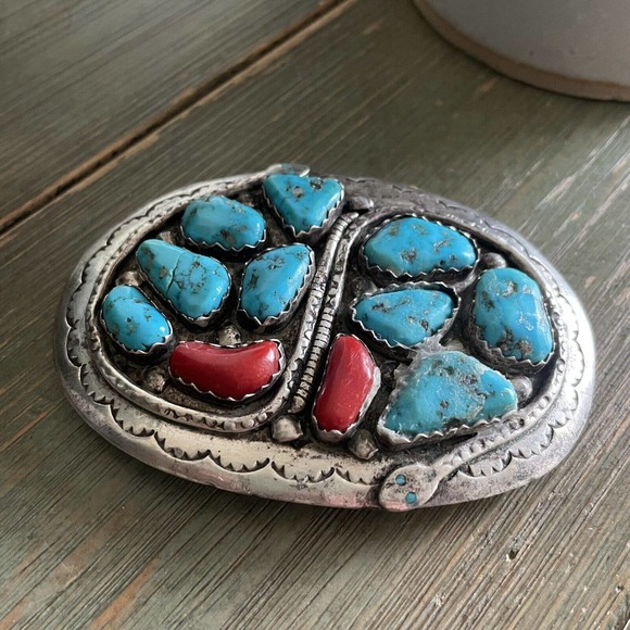 Effie C Calavaza Other - Rare Vintage Effie C Calavaza Turquoise and Coral Sterling Belt Buckle